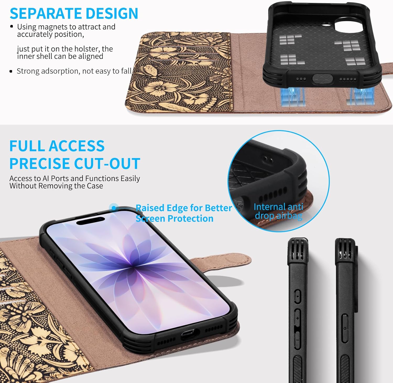 Genuine Leather Wallet Case for iPhone 17 | 2-in-1 Magnetic Detachable Flip Folio Cover with Card Slots, RFID Blocking, Shockproof Protection White