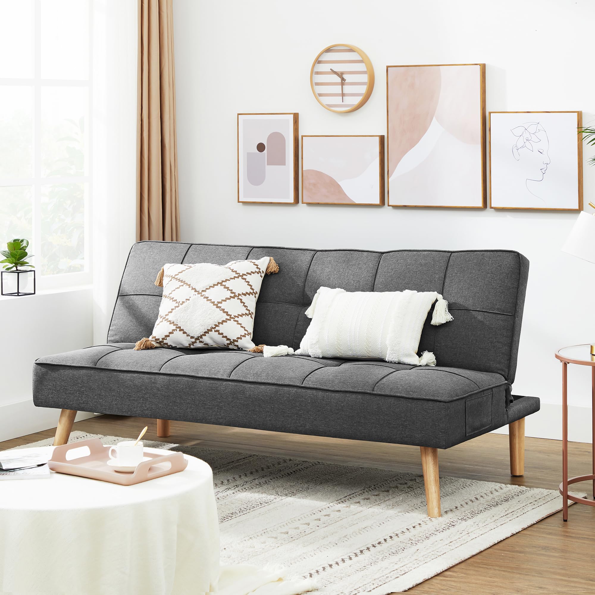 VASAGLE Divano Letto Futon, Divano Trasformabile, Rivestimento in Cotone-lino e Gambe in Legno, 175 x 83 x 76 cm, Divano Pieghevole per Appartamento, Grigio LCS701G01