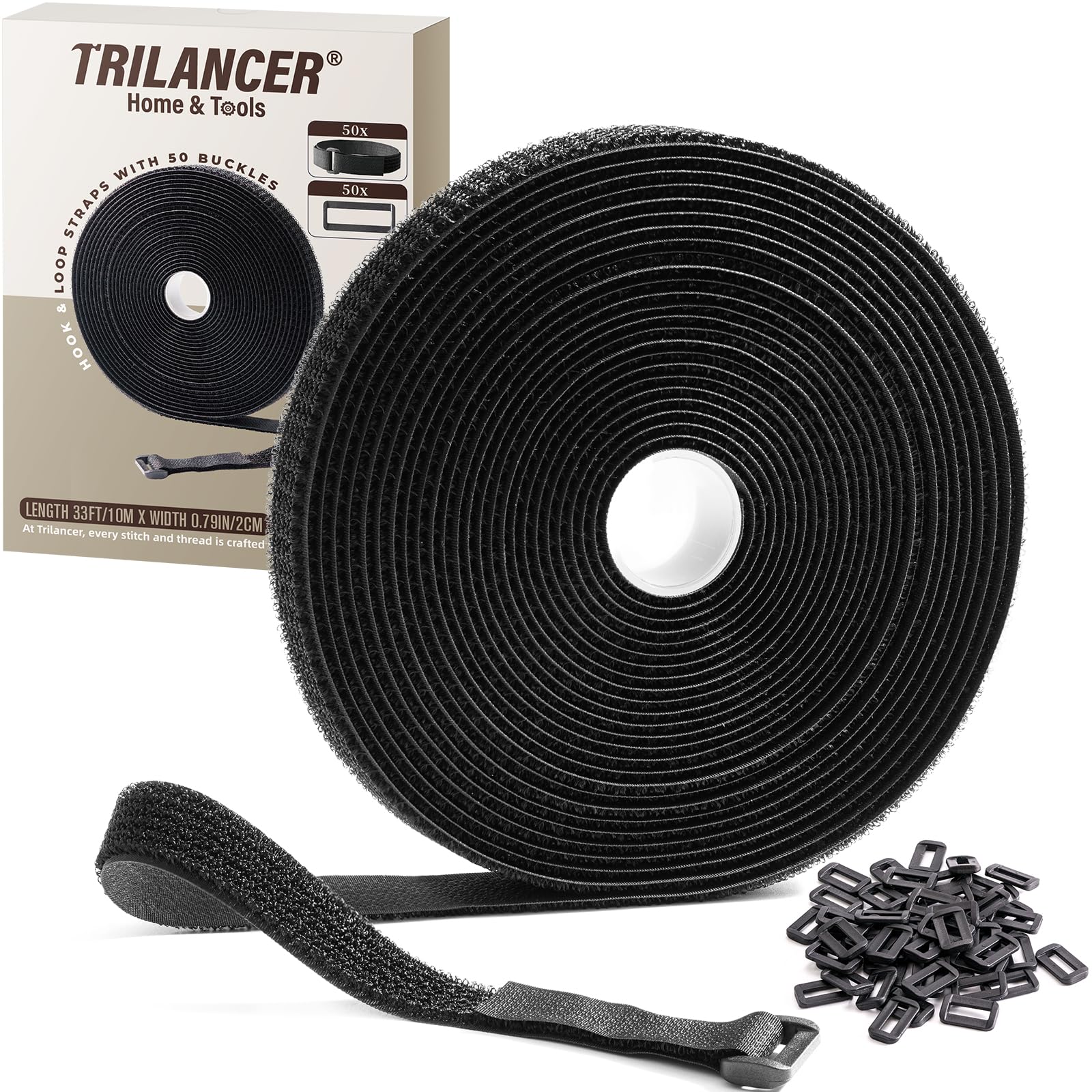 Trilancer Fascette Fermacavi Riutilizzabili 10m x 2cm con 50 Fibbie, Nero Cinghie e Nastro Adesivo a Strappo per Organizzare Cavi, Zaino, Tubi Flessibili, Nero