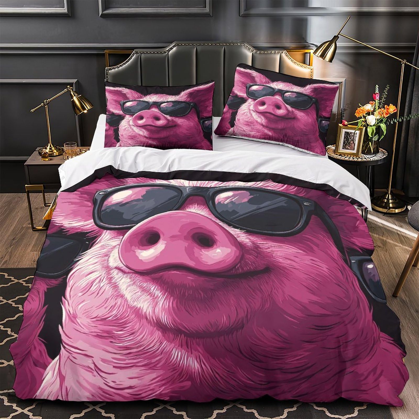 Parure de lit imprimé 3D cochon housse couette fermeture éclair microfibre anti-pli