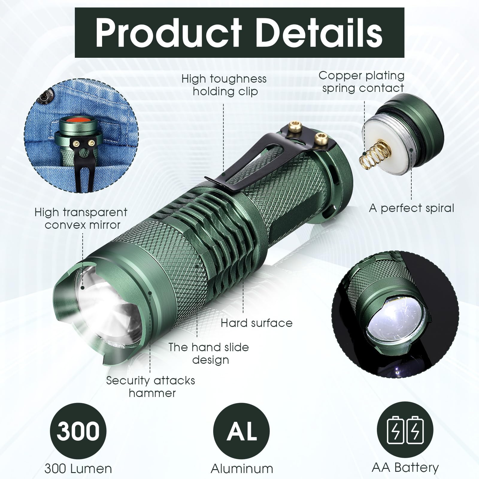 Fumete 20 linternas LED mini 3 modos, linternas tácticas pequeñas resistentes al agua, lámpara táctica de bolsillo, enfoque ajustable, linterna con zoom para interiores y exteriores (verde oscuro)