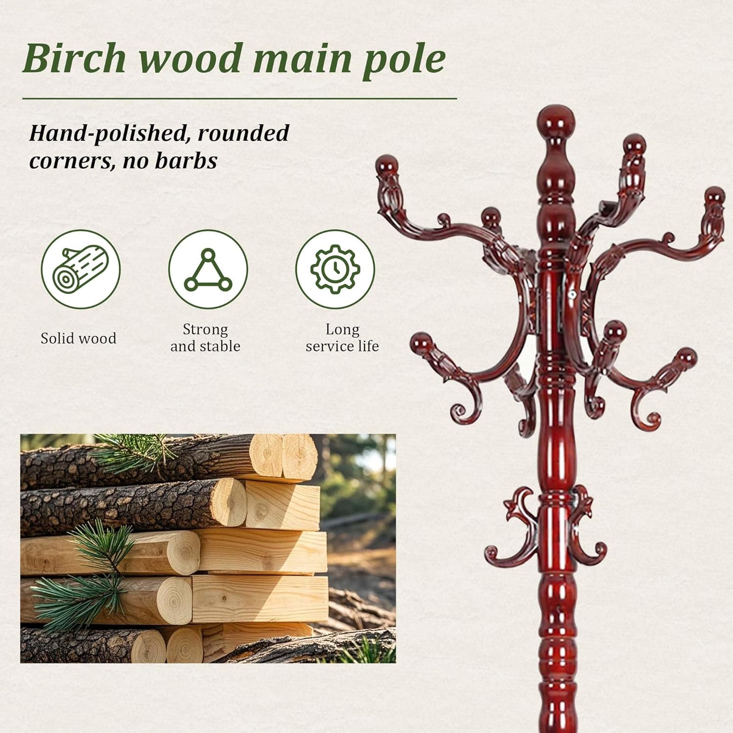 Heavy Duty Coat Rack Freestanding with 14 Hooks, Solid Wood Coat Racks with, Standing Coat Rack for Office & Entryway