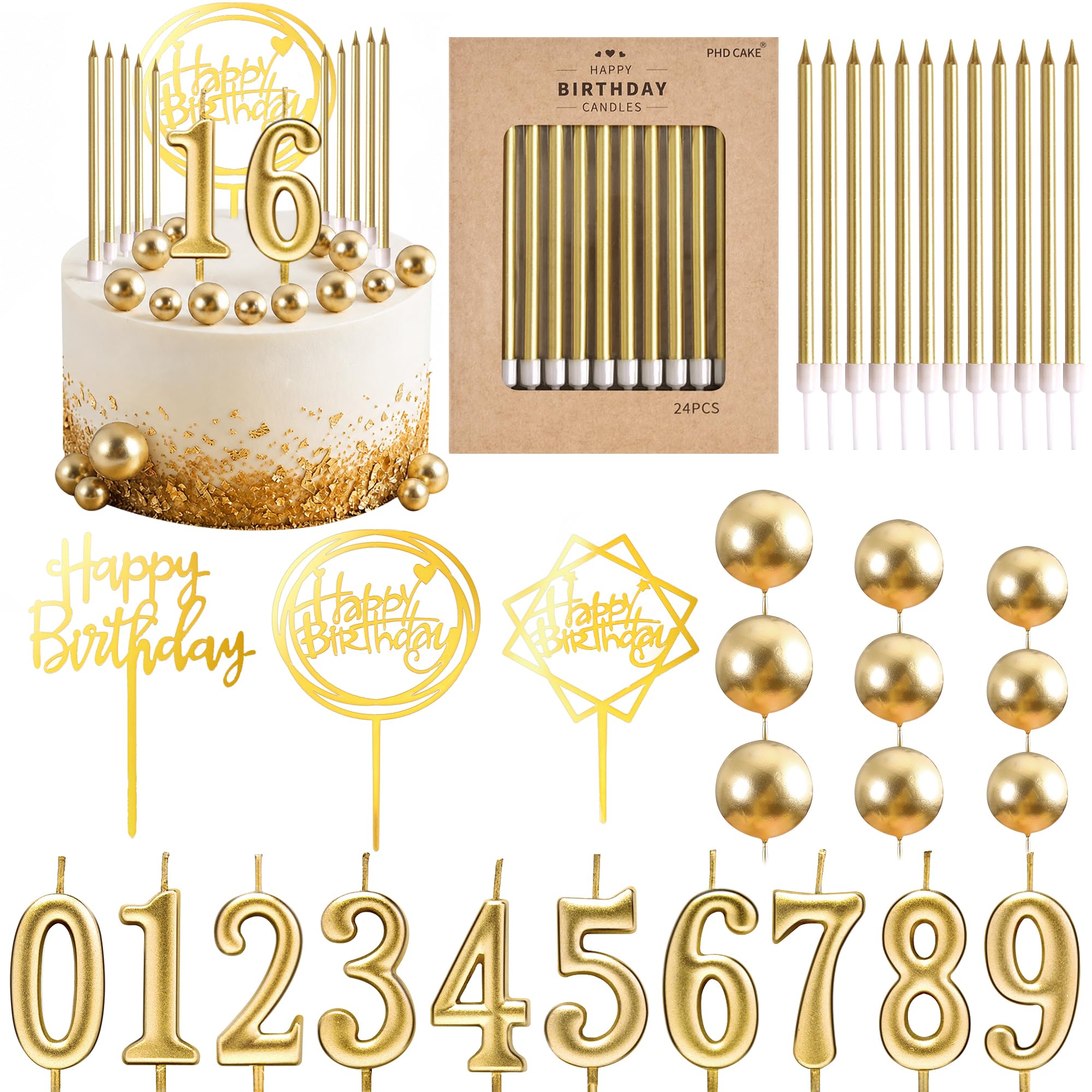 PHD CAKE 46 Stück goldene Geburtstagskerzen, 10 Kuchen-Zahlenkerzen, 9 Kugel-Kuchenaufsätze, 3 Geburtstagskuchenaufsätze, Party-Feier