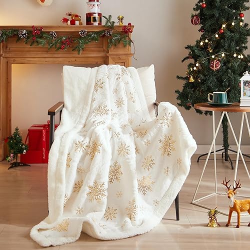 YIRDDEO Manta blanca de picnic para sofá, manta de invierno de Navidad con copos de nieve dorados, manta de microfibra suave, manta de viaje al aire