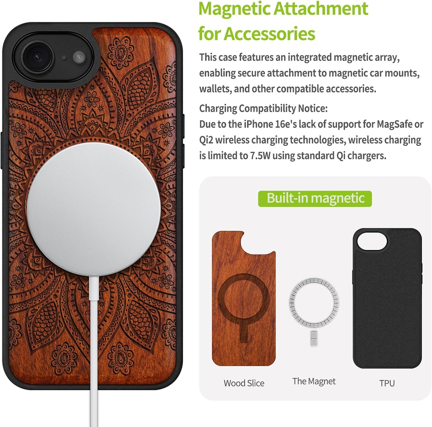 Carveit Magnetic Wooden Case for iPhone 16e / 17e, Solid Wood & Black TPU, Artisan Engraved Design, Shockproof Cover, Compatible with MagSafe Wireless Chargers, Indian Floral Mandala - Rosy