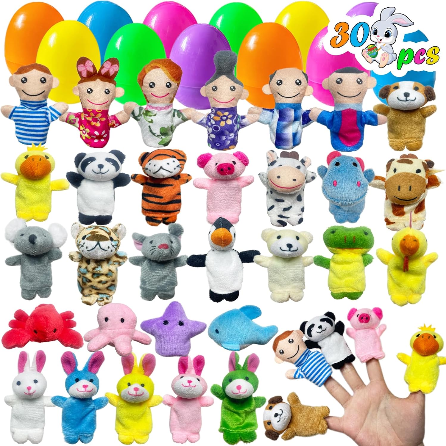 Prefilled Easter Eggs with Animal Finger Puppets Toys for Toddlers and Kids Pre Stuffed Fillers for Easter Egg Hunt Basket Stuffers Prize Supplies (30 Pcs)