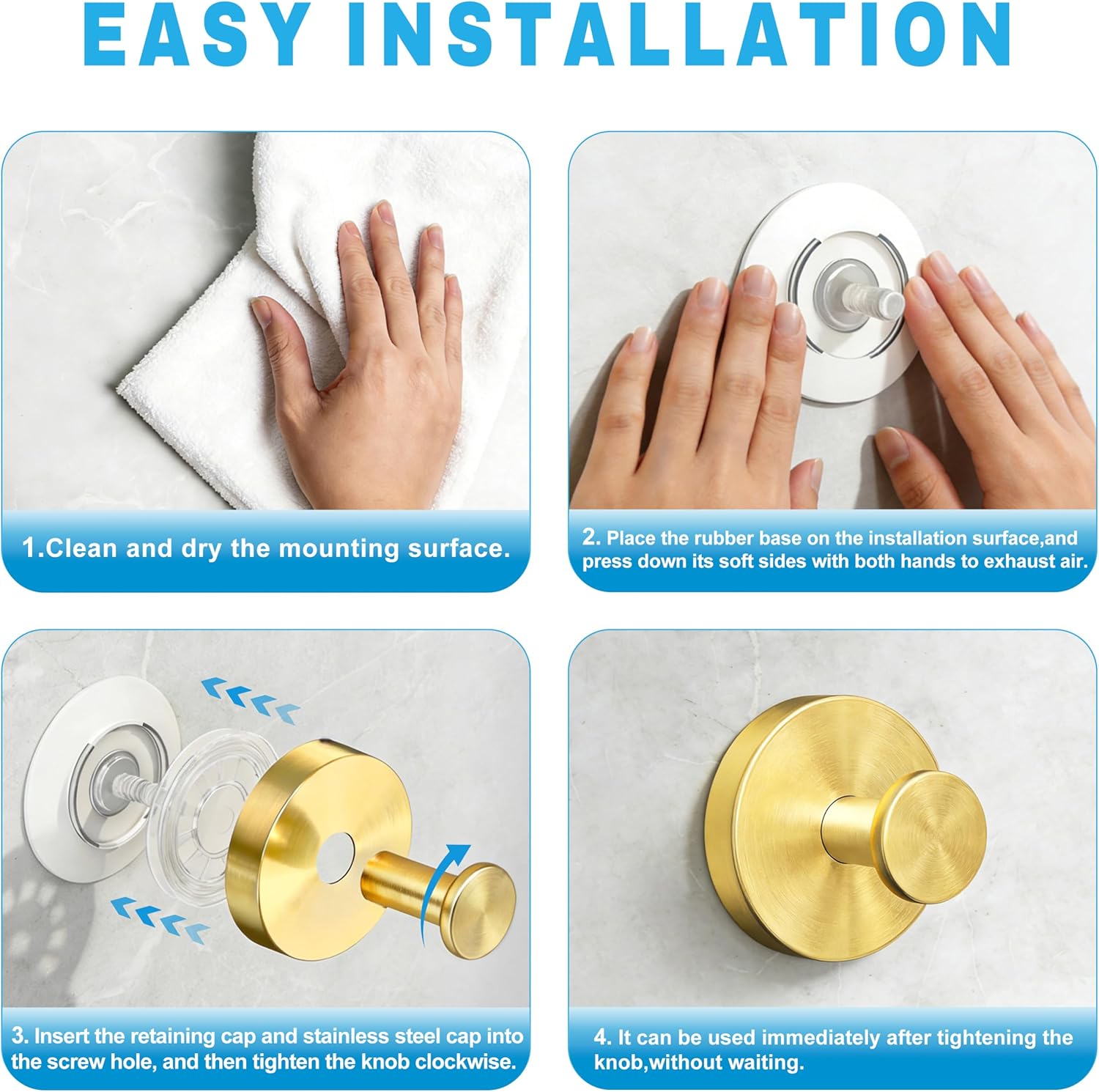 Suction Cup Hooks for Shower, Heavy Duty Towel Hooks for Walls No Damage, Suitable for Hanging Towels, Robes, Coats, Holds 15 lbs-4pack, Brushed Gold