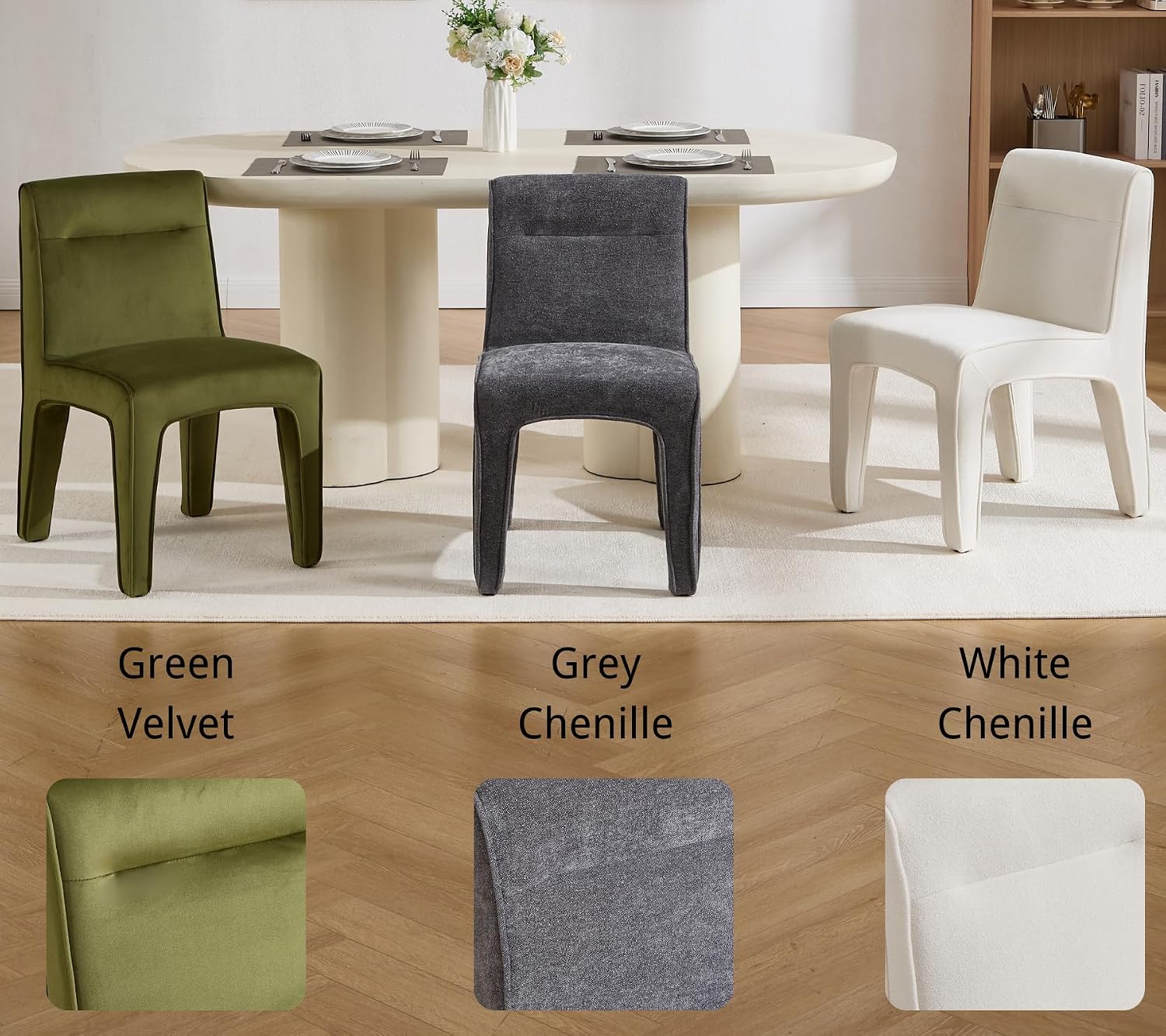 Modern Upholstered Dining Chairs Set of 2, White Chenille Armless Vanity Chairs, Accent Wooden Kitchen & Dining Room Chair Side Chair for Dining Room Kitchen Living Room Make Up