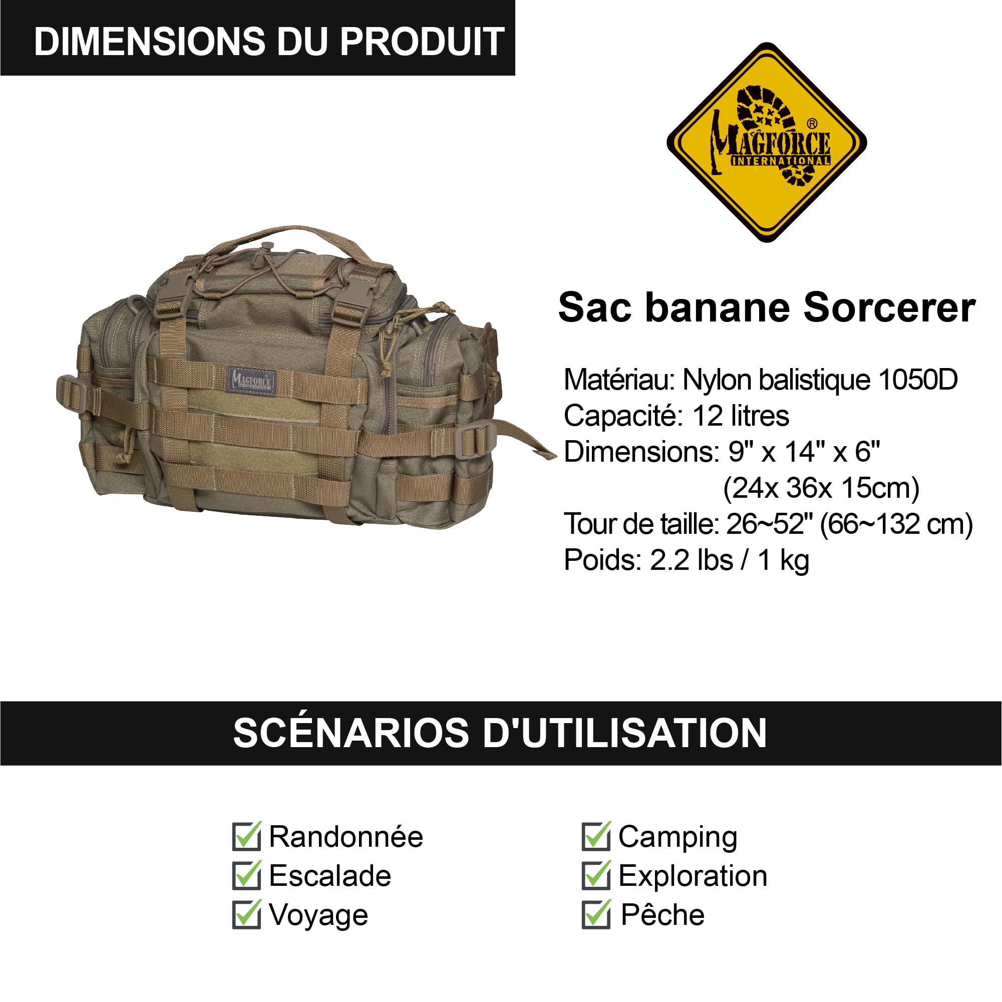 Magforce Sac Banane Tactique Sorcerer Waist Pack léger pour Voyage randonnée Nylon indéchirable Grande capacité Multi-Compartiments bandoulière zippée Kaki 1050D