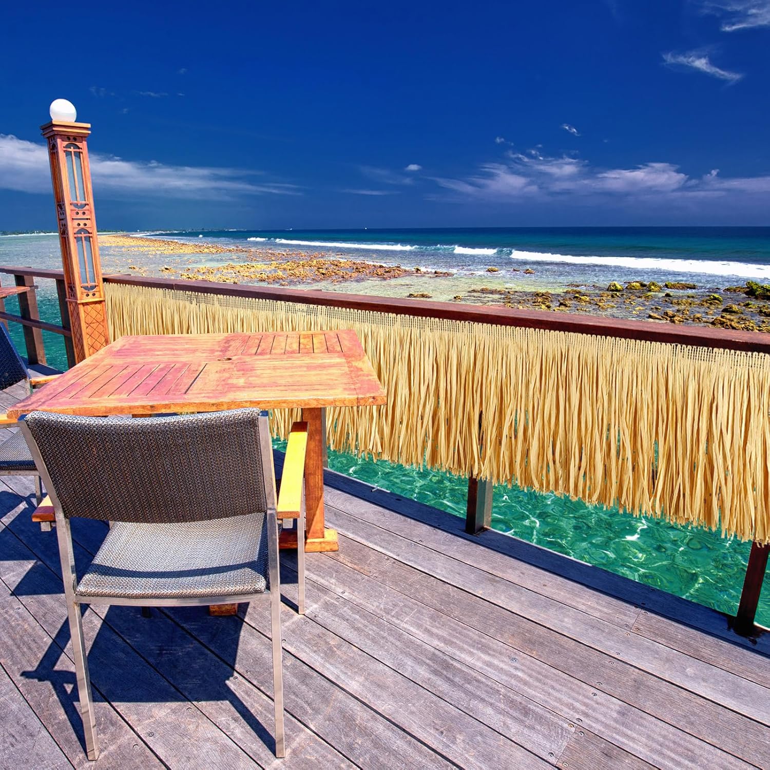 105 ft Natural Raffia Grass Table Skirts Fringes Hawaiian Luau Straw Grass Skirt for Tropical Hawaiian Party Tiki Bar Roof Decoration Summer Beach Party Decorations, 157 x 12 Inch, 8 Pcs in Total