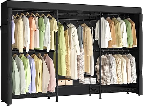 Miniatura 9 de SONGMICS Perchero de alta resistencia, perchero para ropa, armario portátil, estante de ropa de 86.4 pulgadas de ancho con estantes de malla