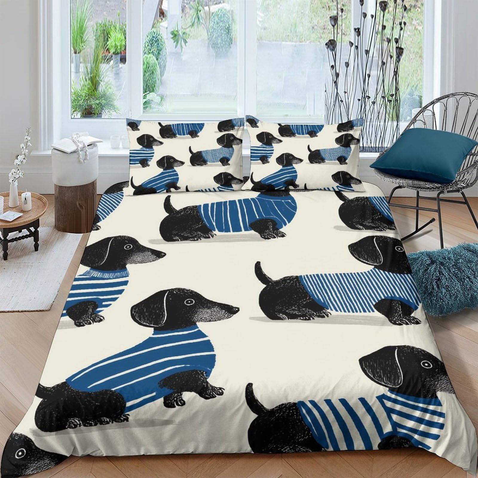 Parure de lit 135x200 cm teckel et housse de couette microféroce motif chien déco chambre