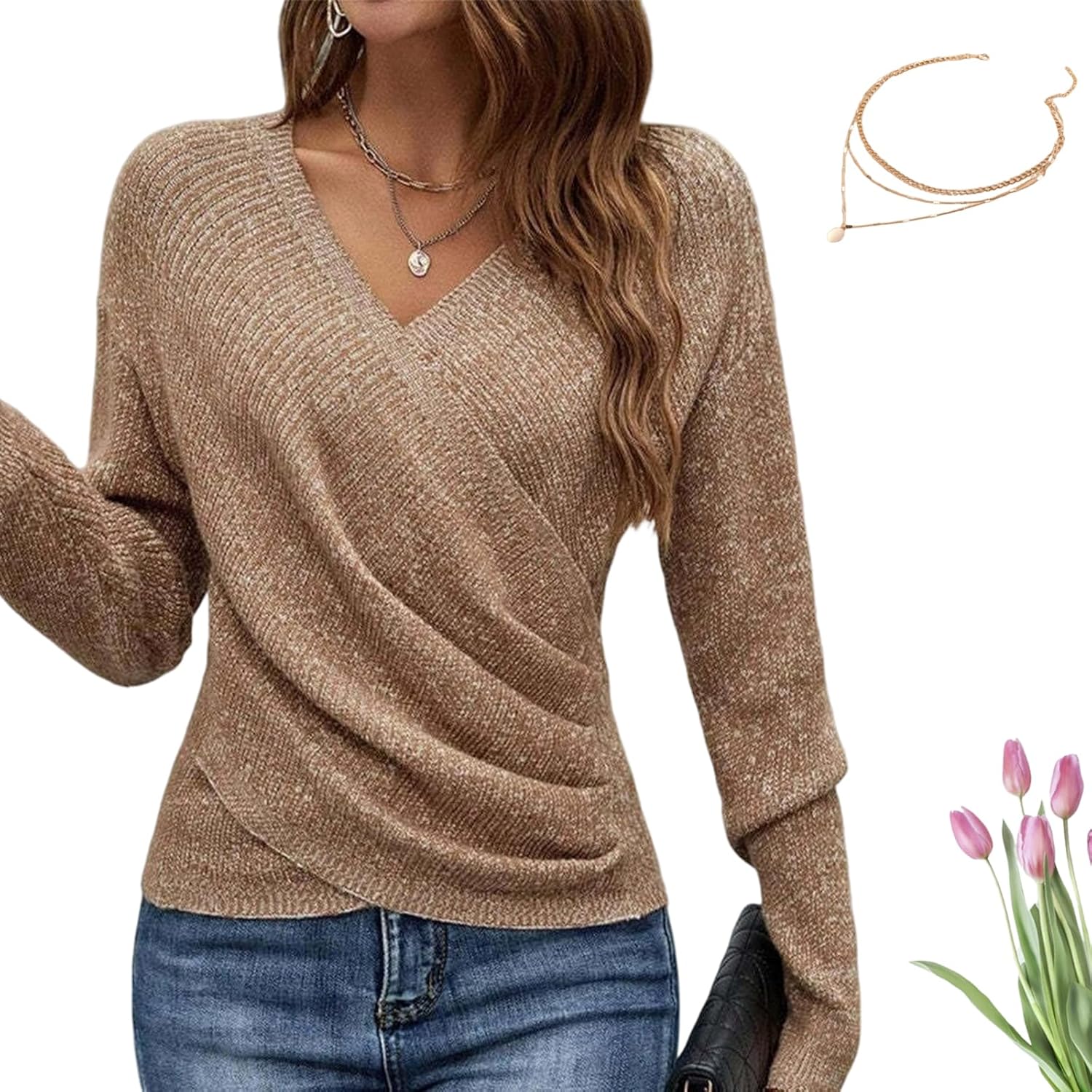 RJDJ 2026 Elegant Womens Casual Knit Sweater Long Sleeve Warm Pullover for Spring Fall Korean Style Holiday Fashion