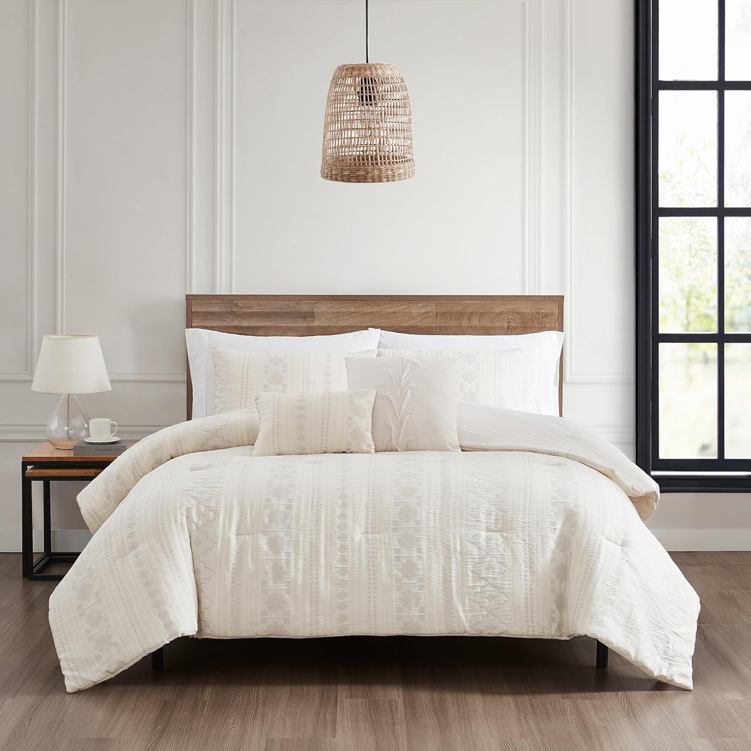 Modern Threads Marcy Ivory Jacquard Comforter Set – 5 Piece Sandstone-Inspired Bedding with Decorative Pillows & Shams, Elegant Soft Textured Bed Set for All Seasons, King