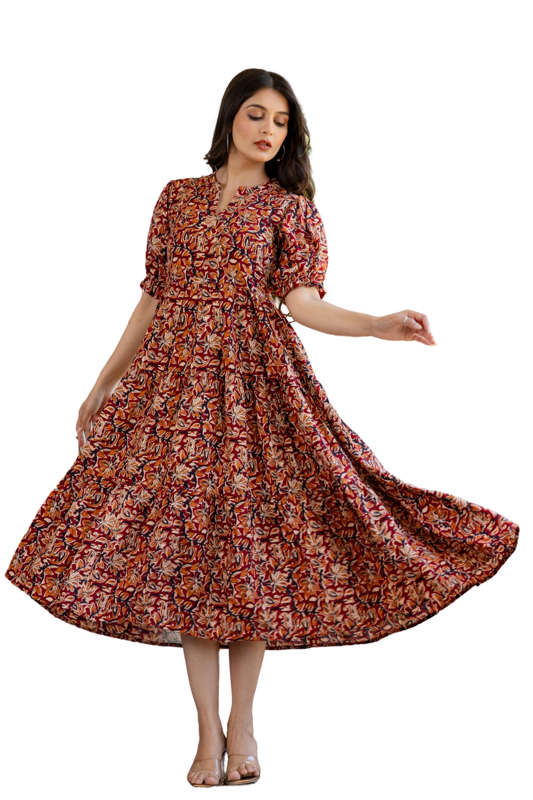 presha Women's Fit and Flare Pure Cotton Long Maxi Dress (SP-24 Maroon02)-picture-37
