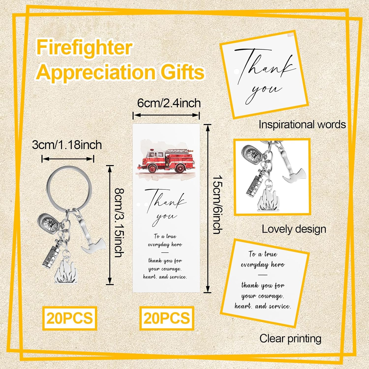 Tenceur 20 Set Firefighter Appreciation Gifts Bulk Fireman Keychains Bamboo Ballpoint Pens Thank You Cards for Women Men Fire Fighters Christmas Birthday Retirement Gifts - Image 3