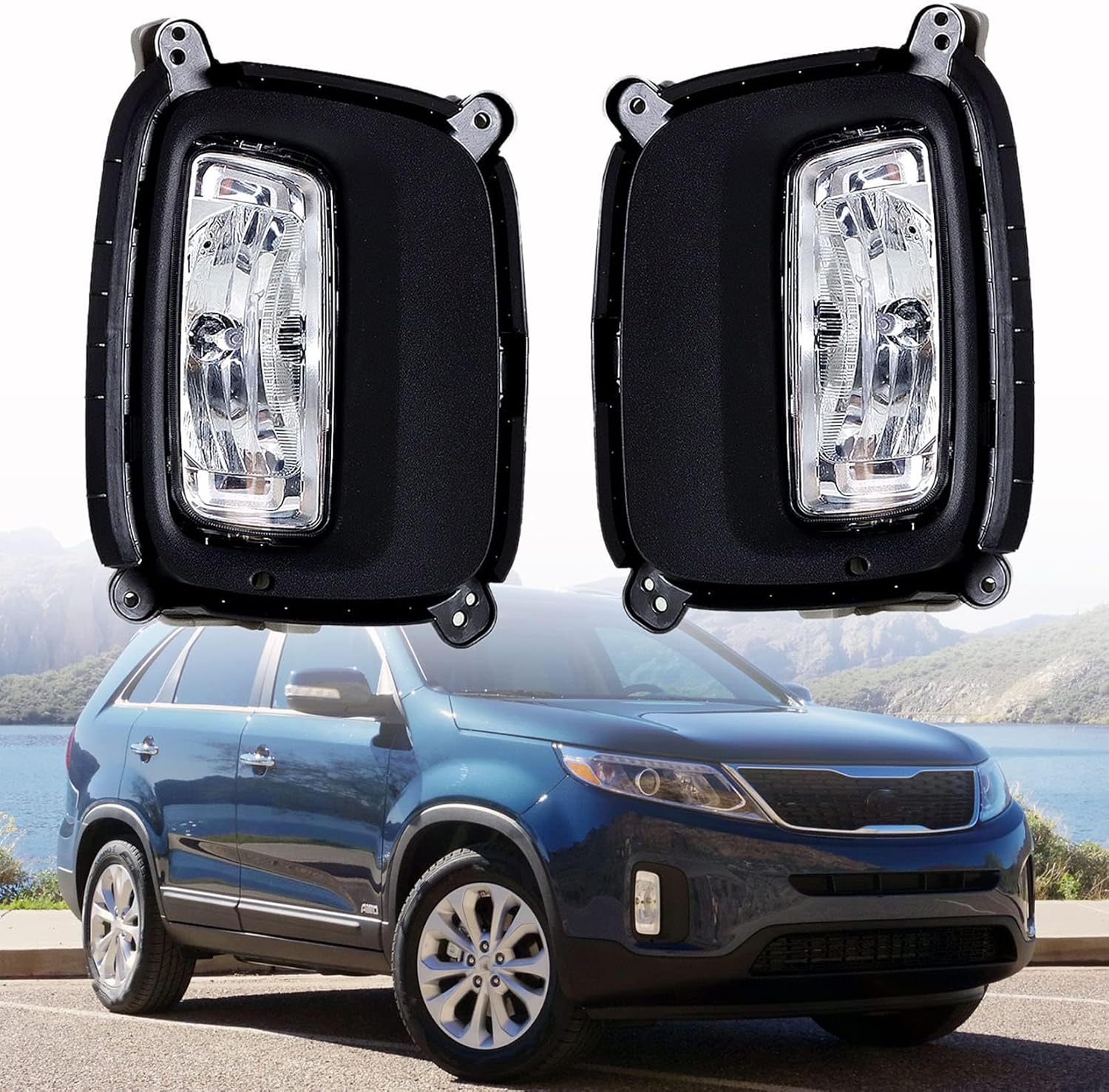 2Pcs Front Driving Fog Light Assembly with Bulbs Bezel Set Replacement for So-rento 2014-2015 Left and Right Side