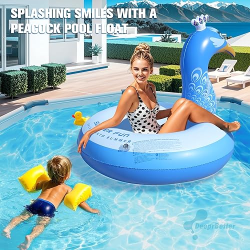 Miniatura 4 de DeeprBetter Flotador inflable de pavo real para piscina, flotadores inflables de piscina, flotadores de piscina de animales grandes para adultos,