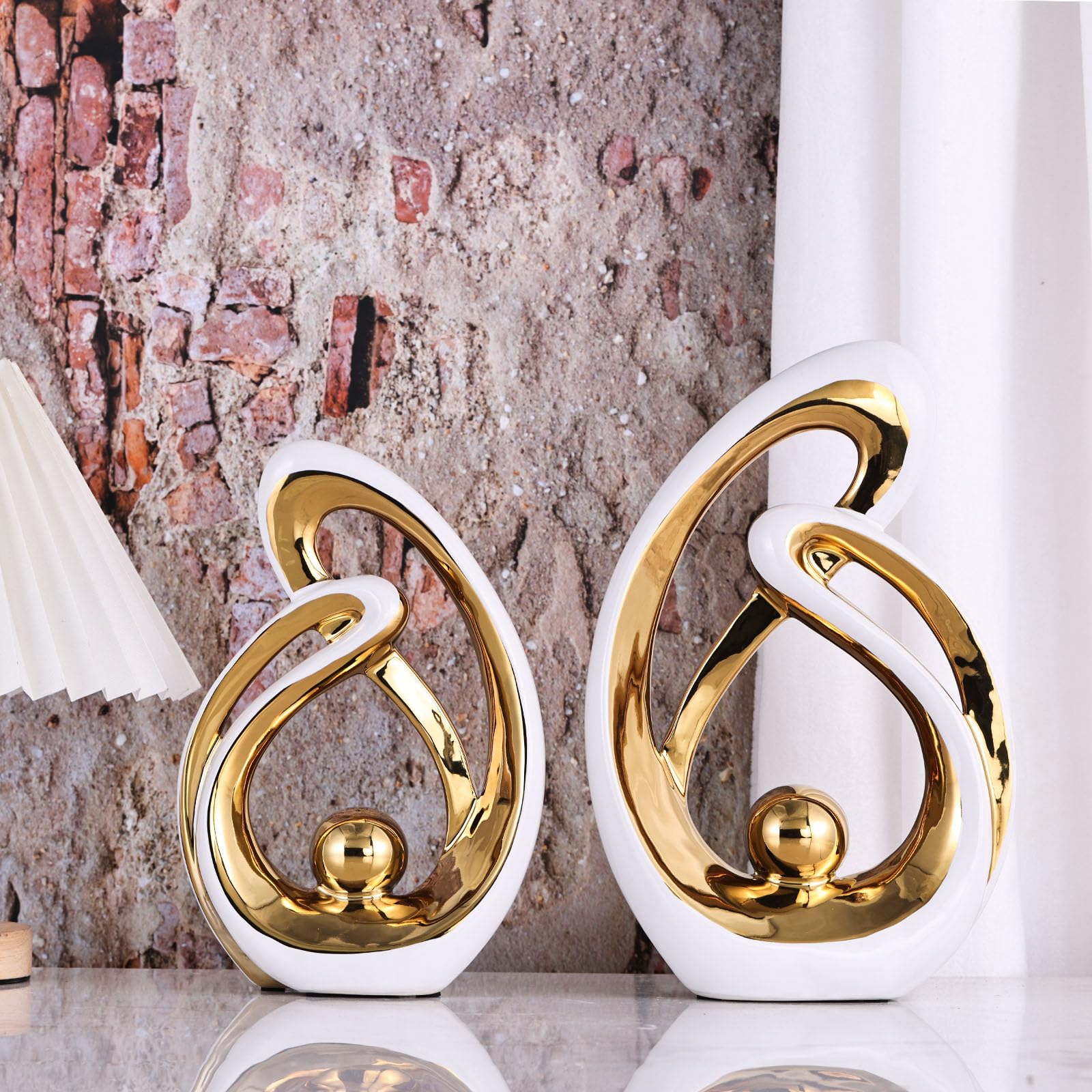 Home Decor Accent,Porcelain Art Mid Century Bookshelf Decorations,Gold Centerpieces for Tables,Abstract Ceramic Statue Sculpture for Coffee Table Mantel Tv Stand Centerpieces (White Gold - Image 2