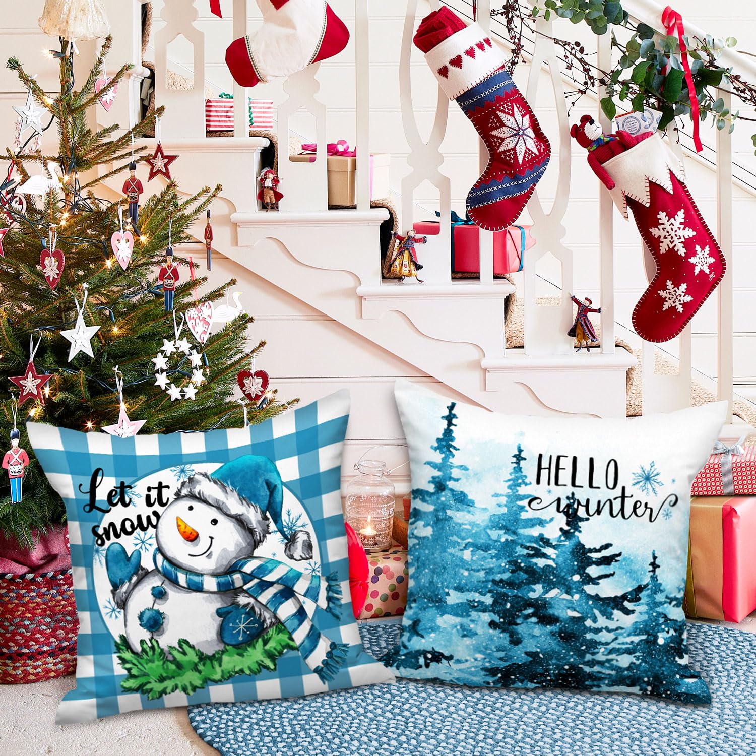 Lanpn 4 Stück Kissenbezug Weihnachten Kissenhülle 45x45 cm, Zwerg Winterkissenbezug Dekoration für Sofa Blau 45 x 45 cm