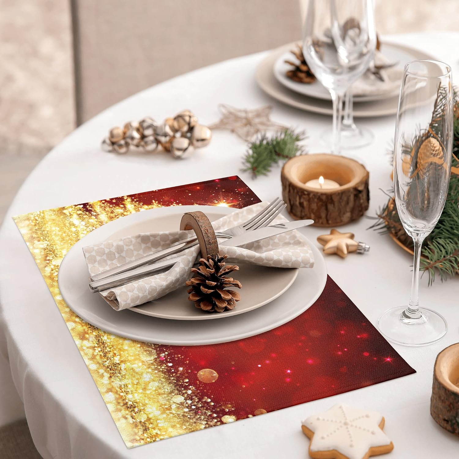 Placemats Glitter Red Gold Christmas Tree for Dining Table Set of 4 Heat Resistant 12 x 18 Inch Durable PVC Place Mats Non-Slip Washable for Home Kitchen Restaurant Decoration
