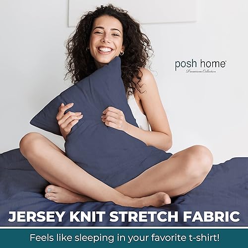 Miniatura 2 de Posh Home Juego de sábanas de jersey de 4 piezas, tamaño King, azul marino camiseta transpirable y suave, mezcla de algodón, incluye sábana