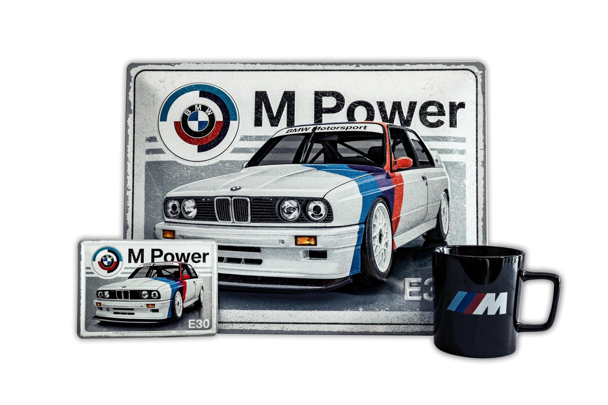 BMW Coffret cadeau 3 pièces E30 - En tôle - Motif sport automobile - Carte postale en tôle - M Perfomance - Tasse cadeau - Tasse à café