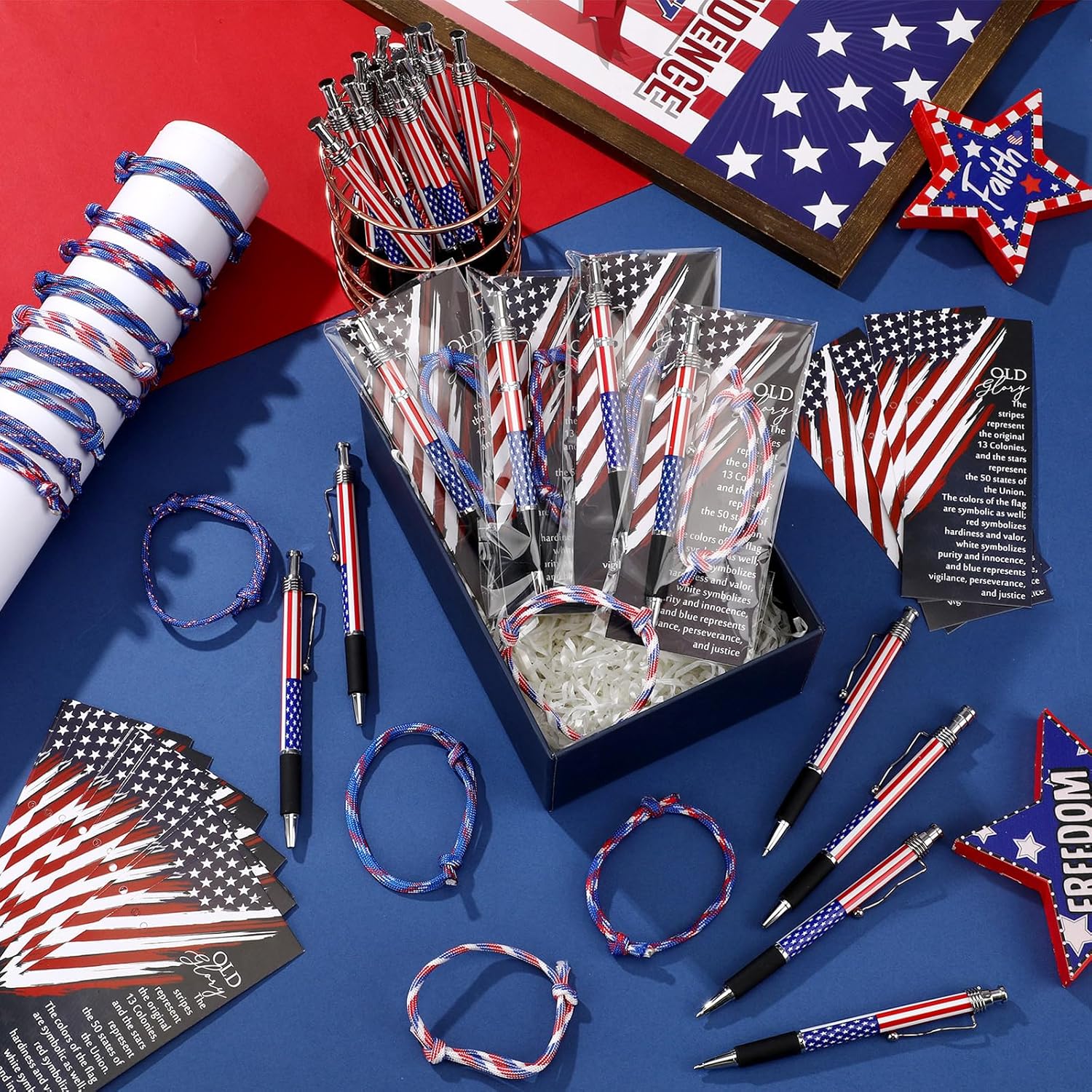 Sayglossy Memorial Day 250th Anniversary Ballpoint Pens Rope Bracelets and Star Stripe Bookmarks for Army Veterans Patriotic Party Independence Day Accessories(120 Pcs)