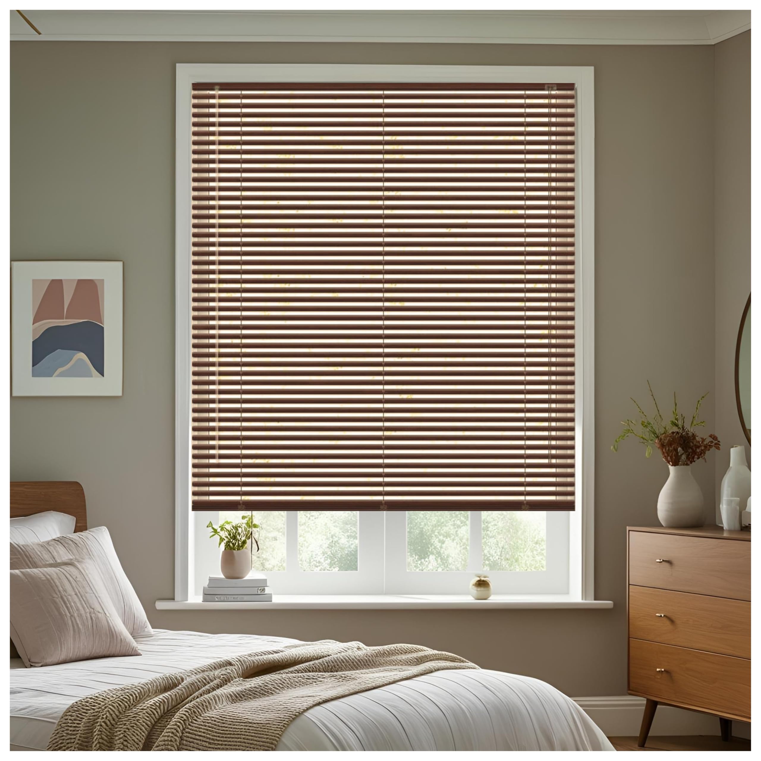 J.Din Walnut Wood Grain Effect Made To Measure PVC Venetian Window Blinds Easy Fit Windows Treatment Curtains 25mm Slats Wooden Shutters Child Safe Fittings 120W x 150H cm