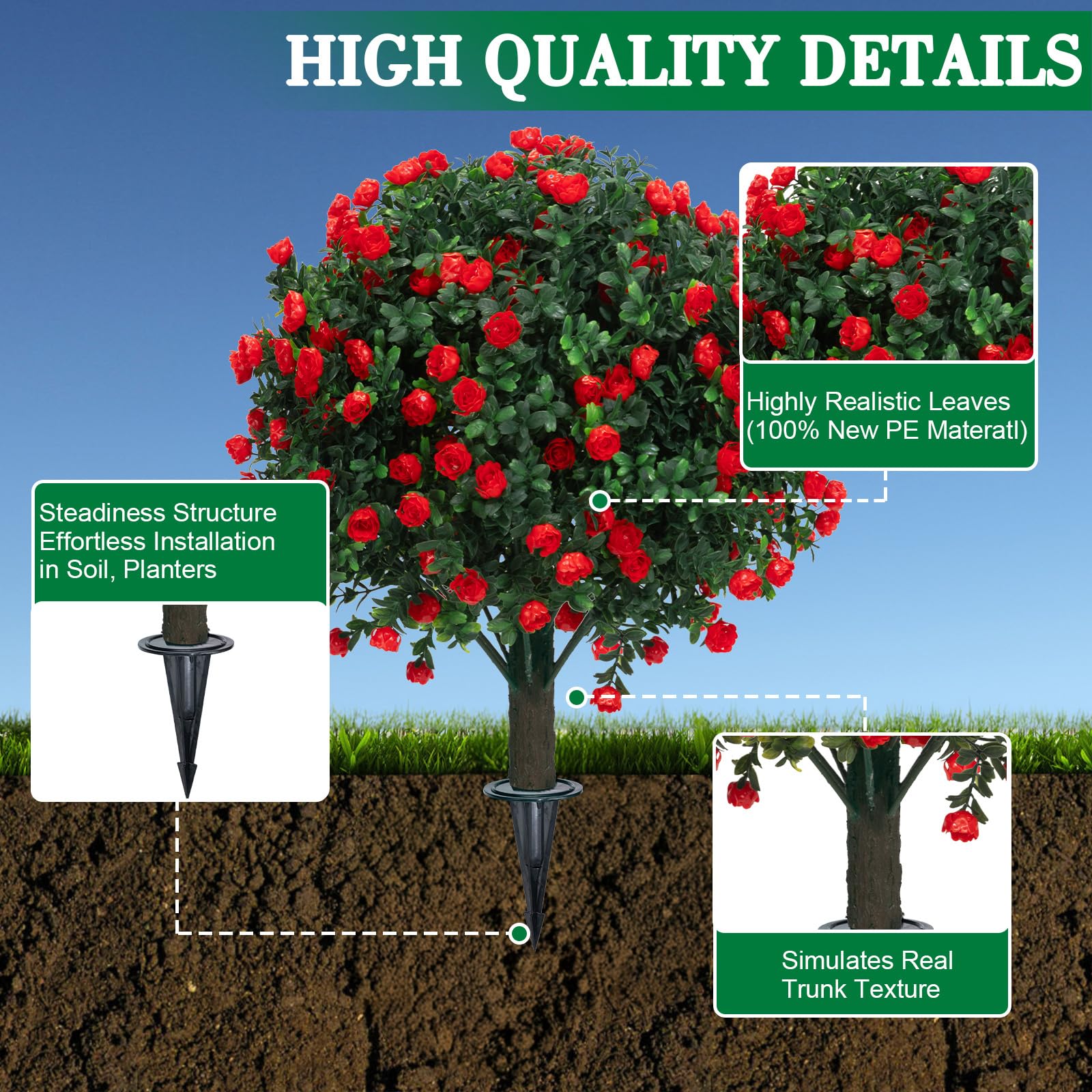 4er-Set Künstliche Formschnitt-Kugelbäume Mit Rosenblüten – UV-beständige PE-Pflanzen Für Drinnen & Draußen (59,9 Cm, Rot)