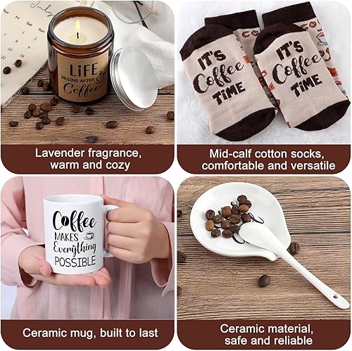 Miniatura 5 de Juego de regalo de 5 piezas para amantes del café, incluye taza de café y soporte para cuchara, velas temáticas de café, calcetines de café, caja de