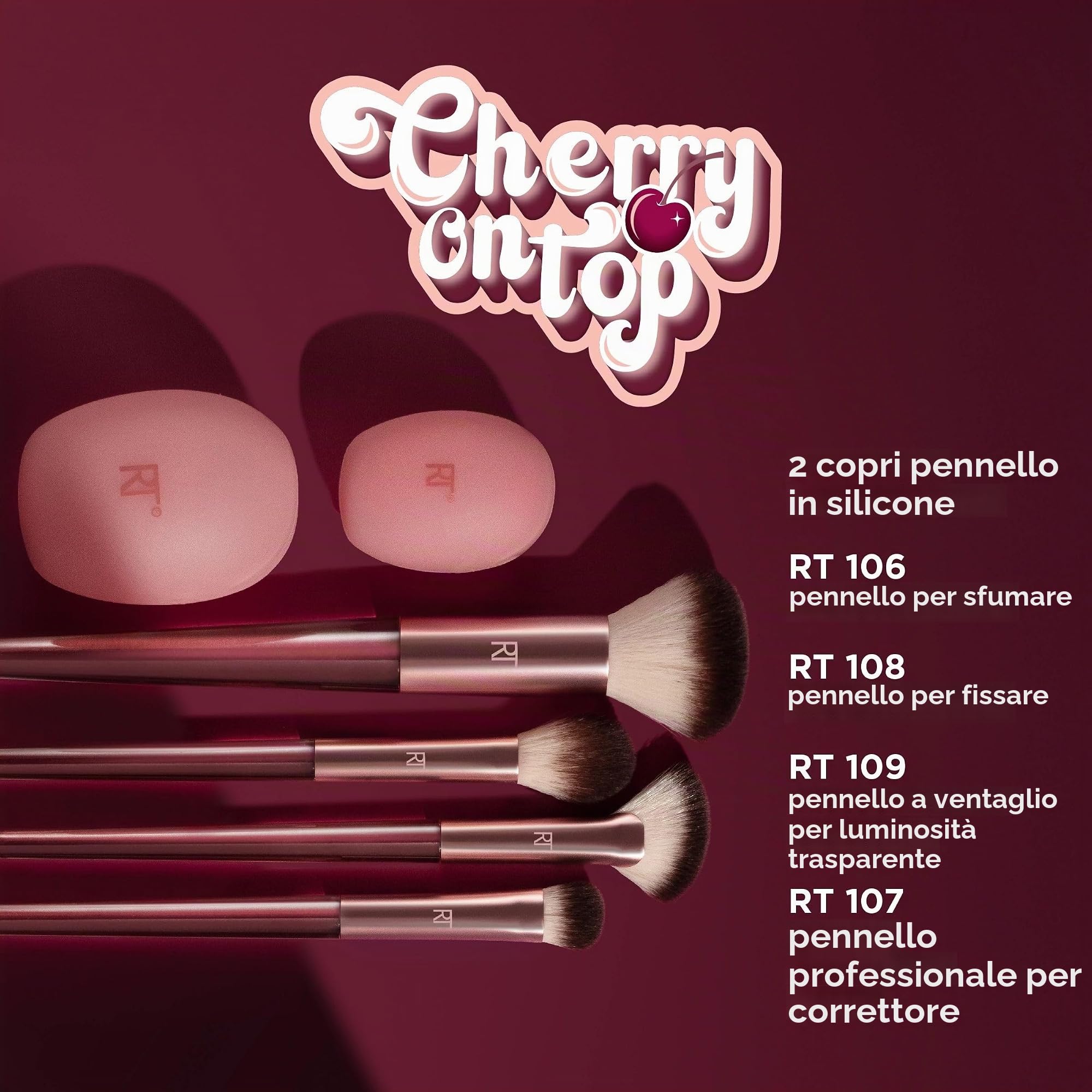 Real Techniques Cherry On Top - Set di pennelli per trucco viso e cover da viaggio, per fondotinta, correttore, cipria e fard, setole sintetiche, vegano e cruelty-free, set da 6 pezzi