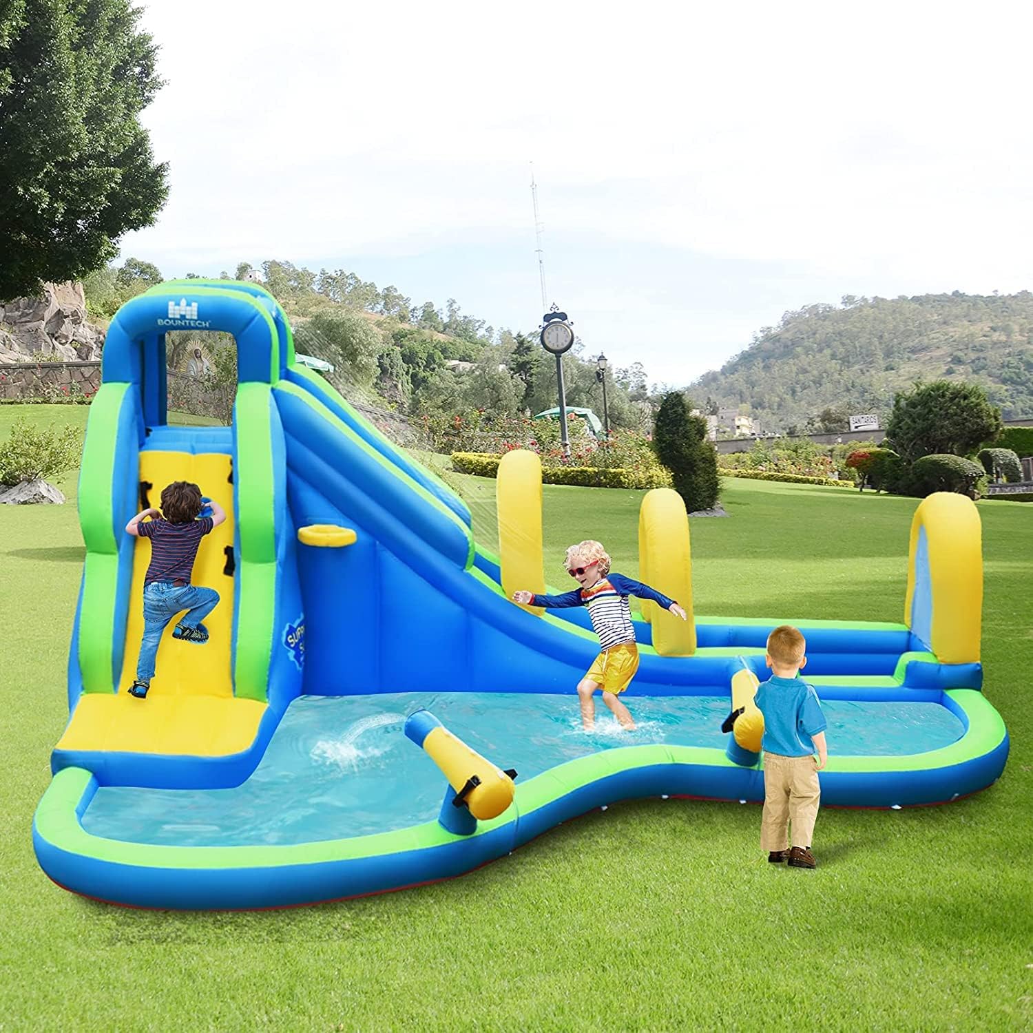 HONEY JOY Inflatable Water Slide, 5 in 1 Water Park Castle Bouncy House w/Water Cannons, Long Slide w/Arch, Indoor Outdoor Blow Up Waterslide Inflatables for Kids and Adults Backyard(With 750w Blower)
