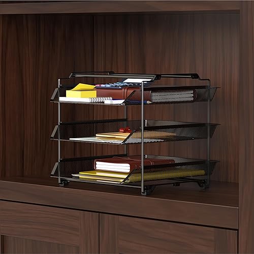 Miniatura 3 de DecoBros archivo de documentos de malla con 3 niveles tamaño Carta para escritorio color negro Apilable Negro