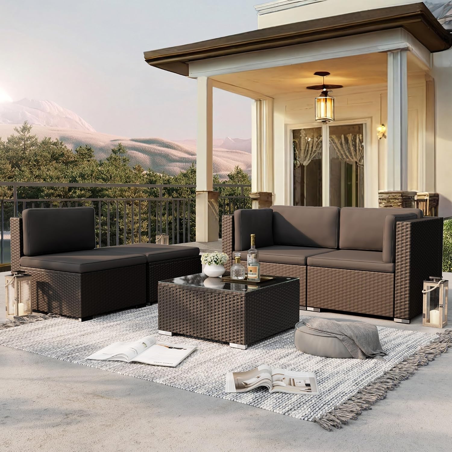Oakcloud 5-Piece Outdoor Patio Furniture Sofa Set Black Rattan Wicker Sectional Conversation Sets with Glass Top Table and Cushions(Grey)