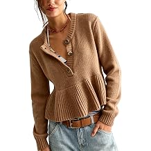 Hongsui Women's Long Sleeve Button Front Cropped Cardigan Sweater Crew Neck Peplum Hem Tops