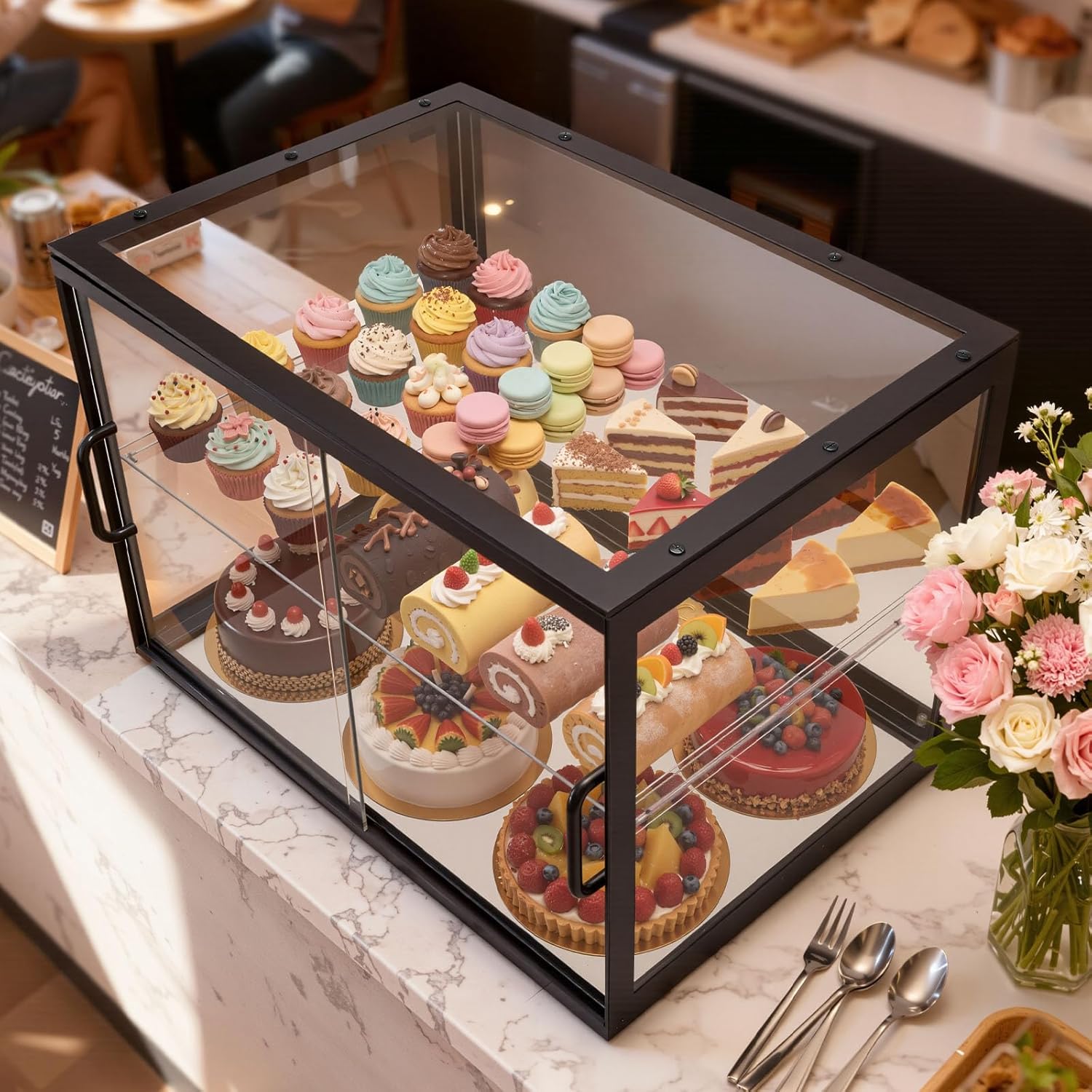VEVOR Bakery Display Case, 2-Tier Commercial Countertop Pastry Display Case, Clear Acrylic Bread Box for Kitchen, Party Cake Cabinet with Sliding Door for Cookie Dessert Donut, 21.7" x 15.2" x 15.4"
