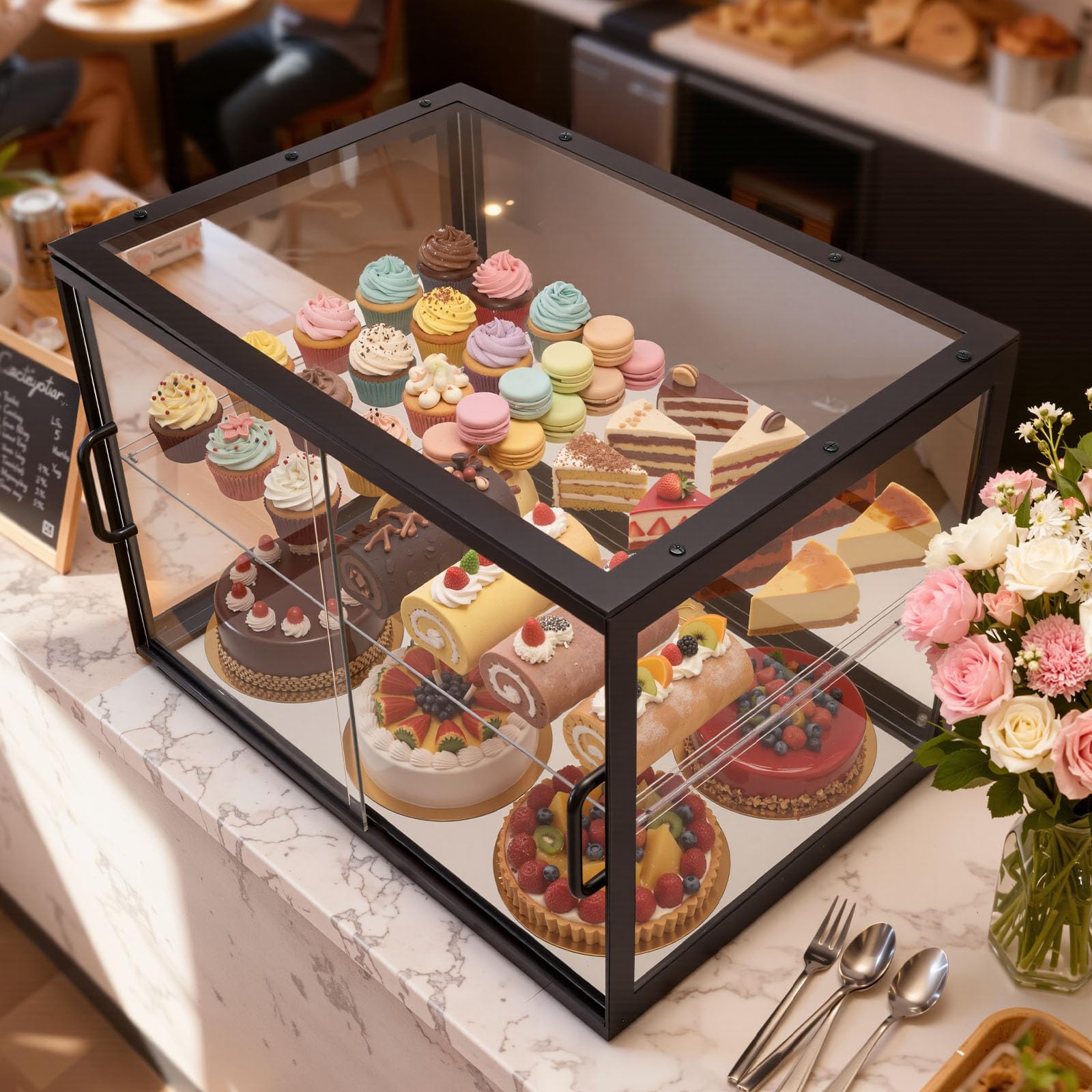 VEVOR Gebäckvitrine 2-stöckig, Gewerbliche Bäckereivitrine aus Transparentem Acryl, Thekenvitrine mit Schiebetür & Abnehmbarer Trennwand für Kekse, Desserts und Donuts, 550 x 385 x 390 mm Schwarz