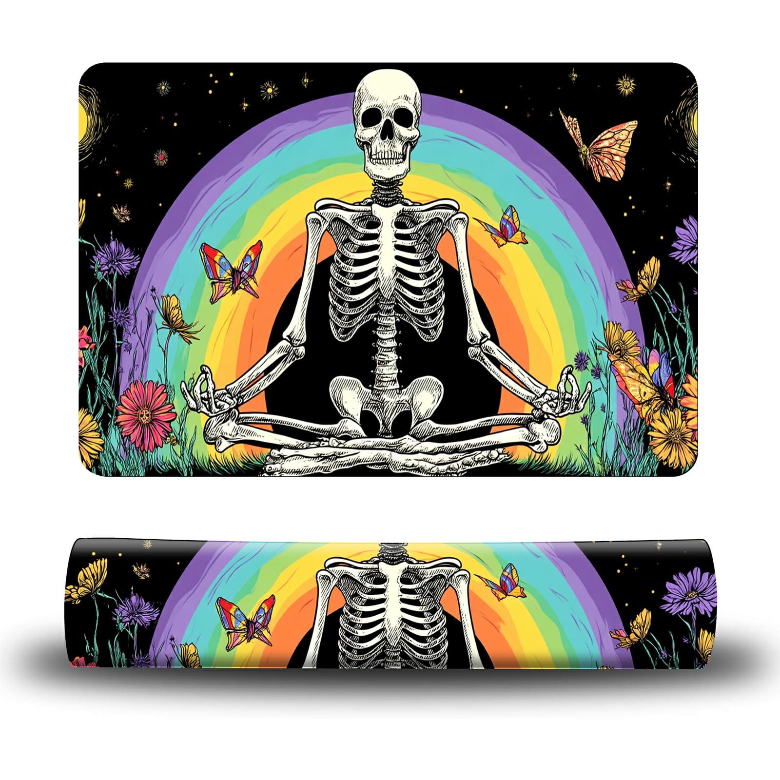 Dikoer Dog Food Mat, 15.7" x 23.6" Absorbent Pet Feeding Mat for Food and Water, Waterproof Diatom Mud Pet Placemat with Non-Slip Rubber Backing, Easy Clean Cat Bowl Mat for Floors - Rainbow Skull