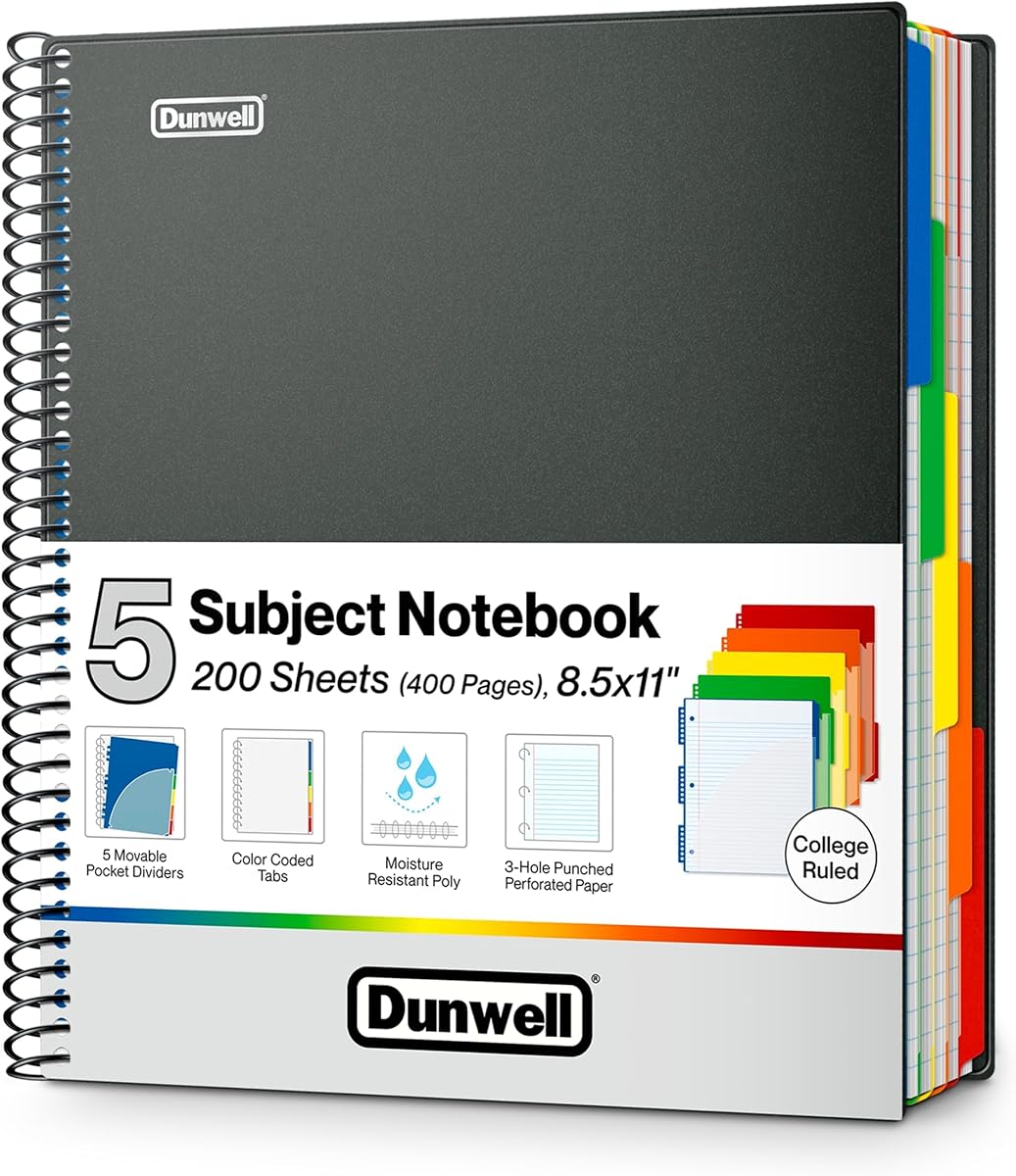 Amazon.com : Dunwell 5-Subject Notebook, College Ruled, Colorful Movable Pocket Dividers with Tabs, Front/Back Plastic Covers, 200 Sheets (400 Pages) of 3-Hole Punch Perforated 8.5x11 Paper : Office Products