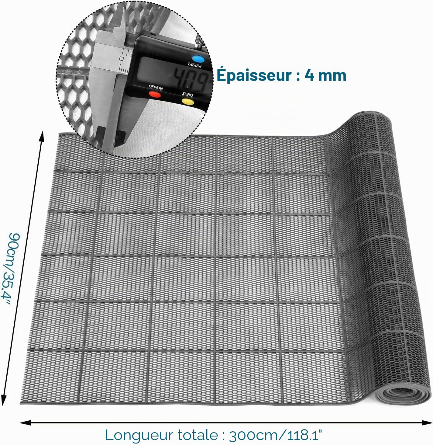 MYOYAY Tapis de sol antidérapant de 4 mm d'épaisseur, antidérapant, commercial, 90 x 300 cm, en PVC gris, rectangulaire, pour cuisine, piscine, douche, sauna, extérieur