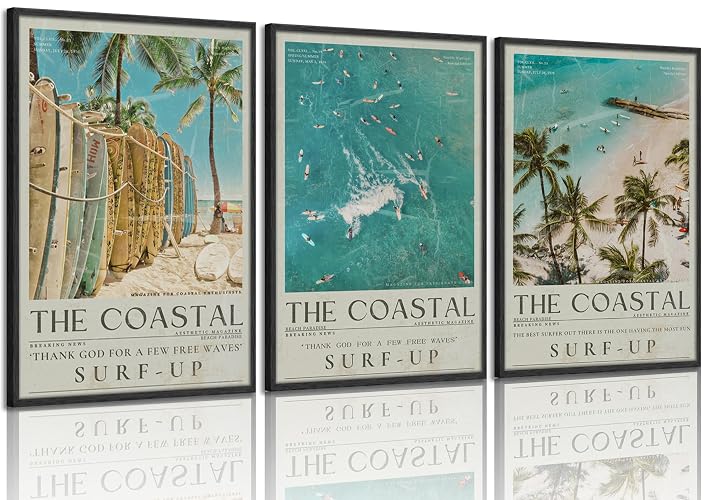 Beach Surfing Canvas Wall Art Retro Newspaper Beaches Surfboard Painting Picture Wall Decor Summer Coastal Granddaughter Room Preppy Surf Up Poster Print Artwork for Dorm Bedroom Apartment Home Decor