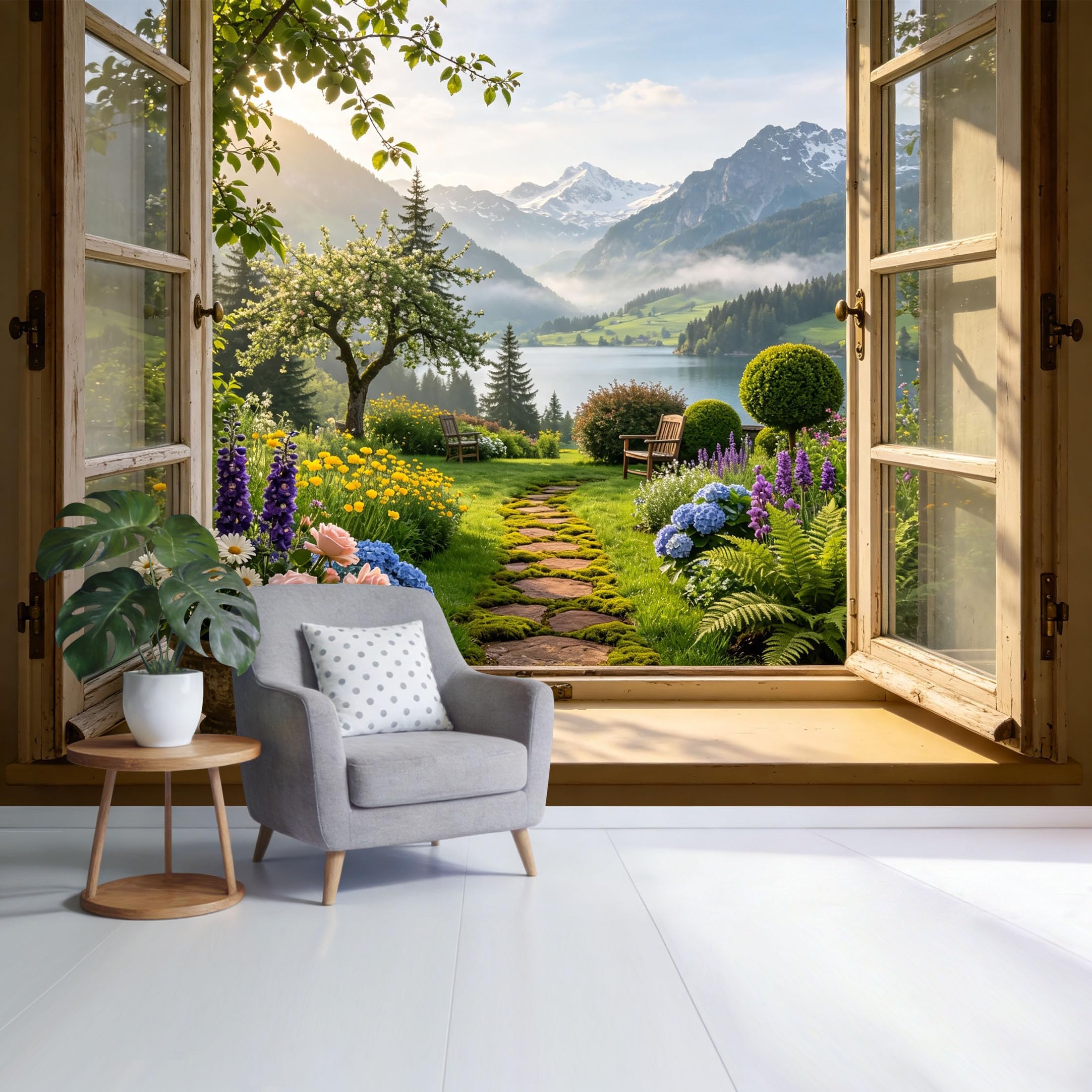 Custom Size Wall Mural Mountain Lake View Botanical Garden Open Window 3D Trompe L'Oeil Removable Self Adhesive Fabric， Home Wall Decor for Living Room Bedroom Bathroom
