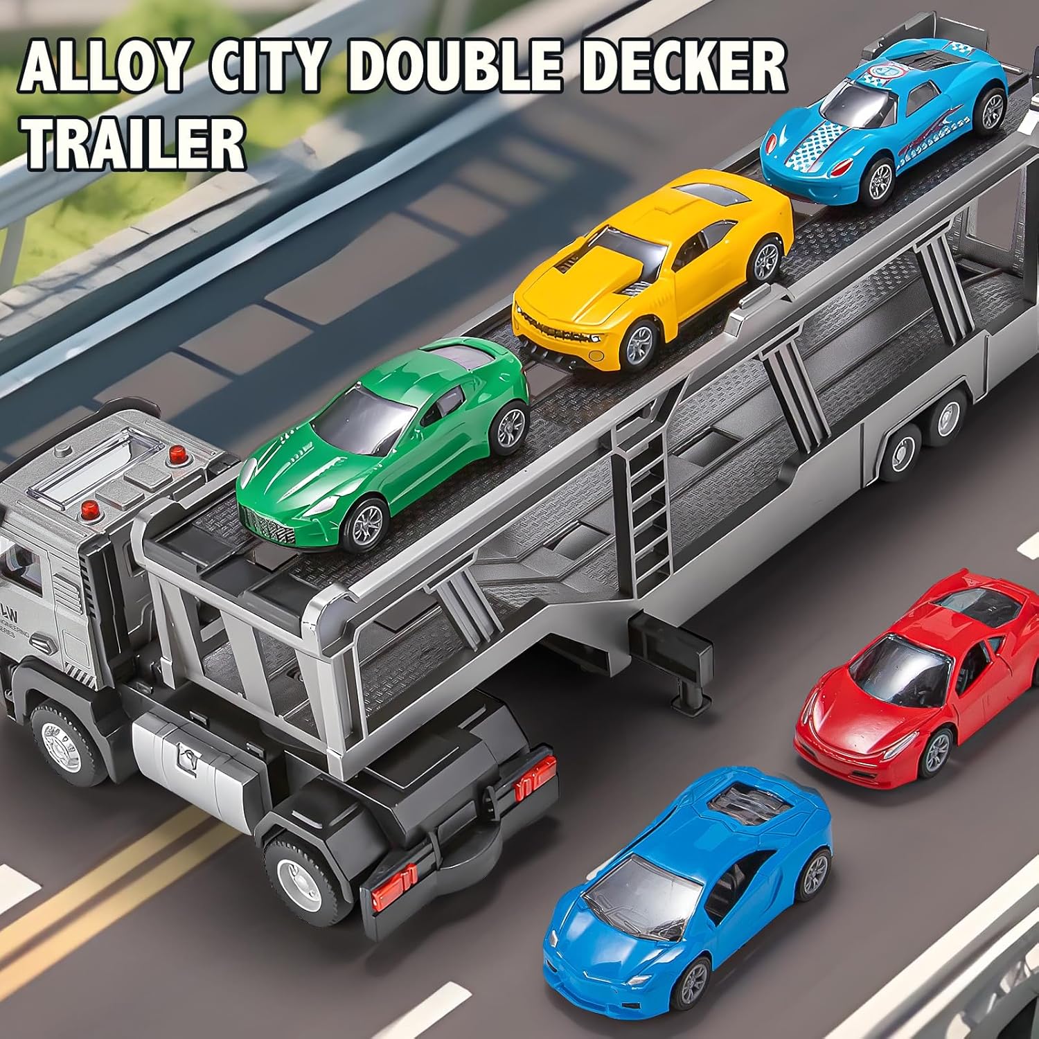 Die-cast Semi Truck Trailer Includes 5 Metal Rcaing Car, Alloy Engineering Transport Vehicles Toys w/Lights & Sounds, Toys for Boys Kids