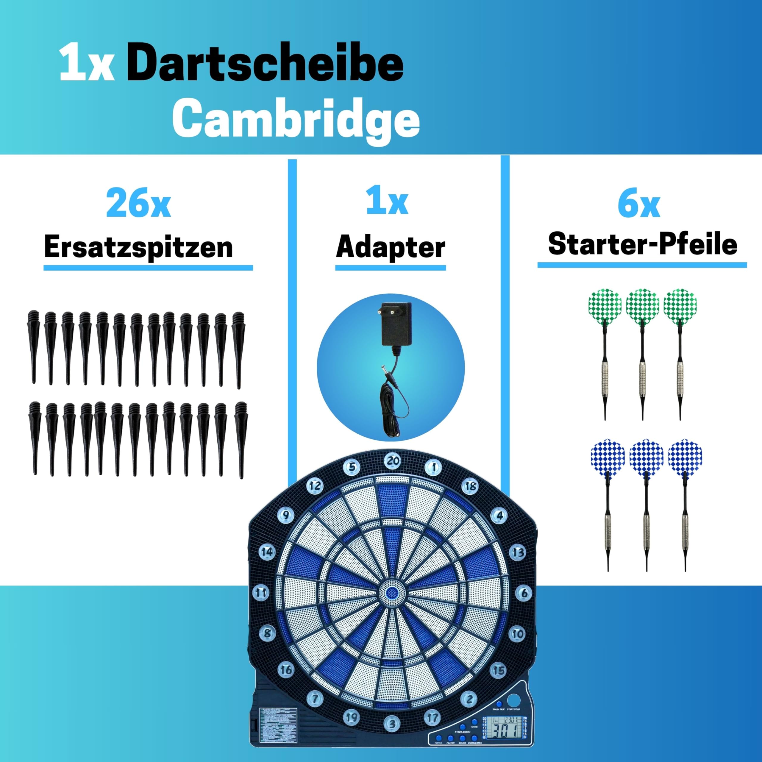Best Sporting Cambridge 2307449 elektroniczna tarcza do darta z podświetlanymi cyframi LED, 6 lotek, tarcza do darta z zasilaczem, wielokolorowa, M