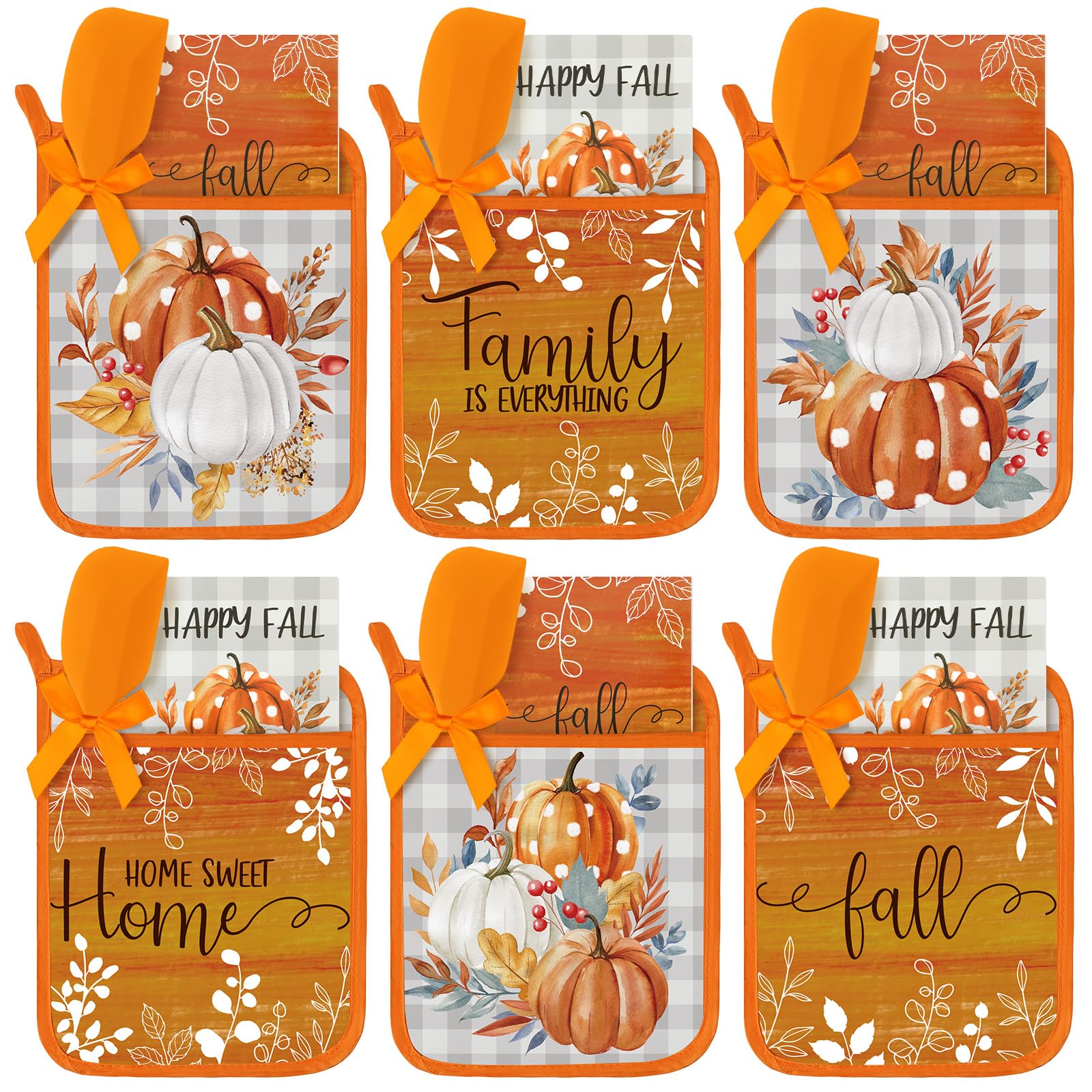 Layhit 18 Pcs Pot Holders with Silicone Spatulas Funny Baking Theme Pot Holders Gift Resistant Oven Mitts Cooking Pocket Potholders(Fall)(Fall)