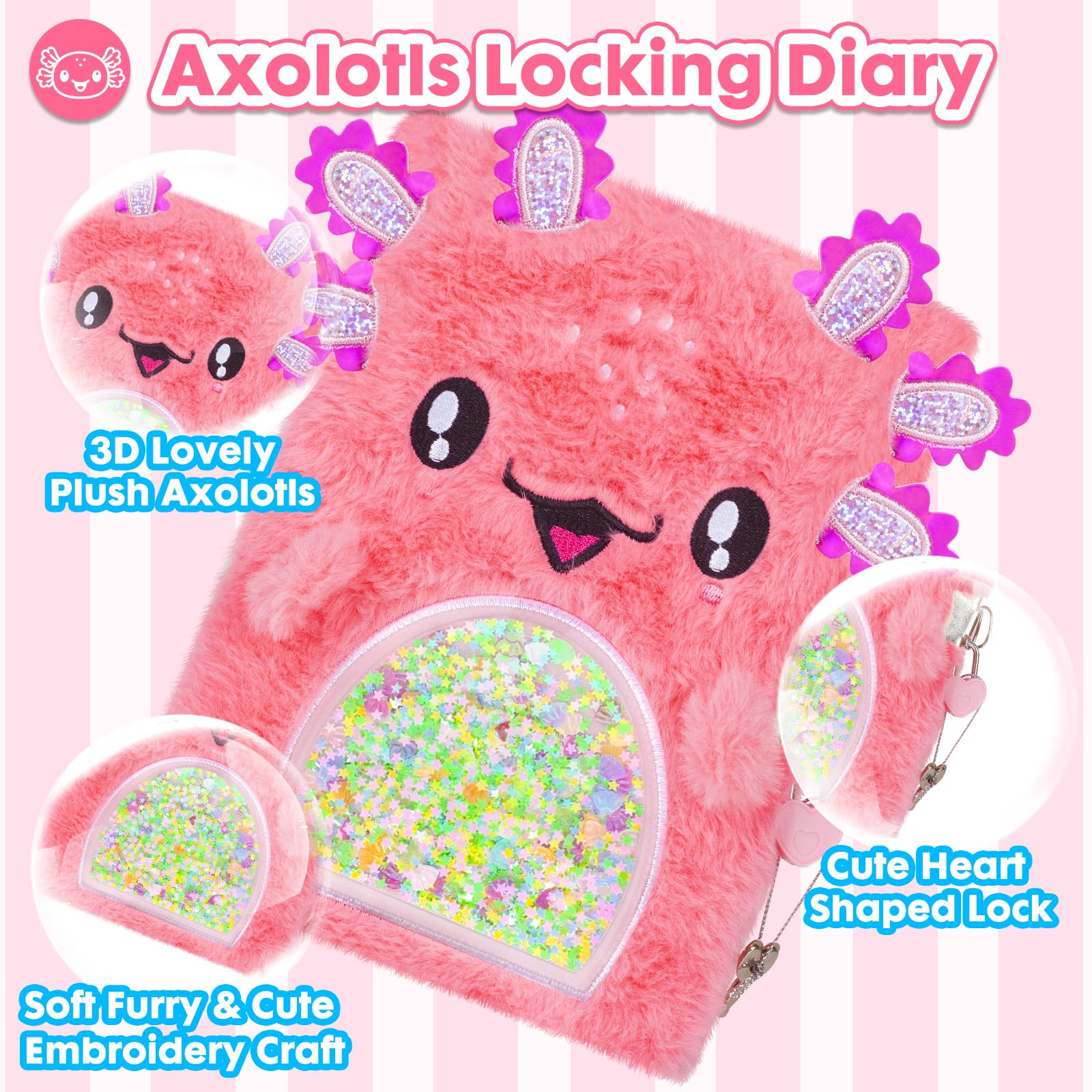 Pinkgarden Axolotl Plush Diary for Girls with Lock and Key Soft Furry Notebook with Salamander Design, 160 Pages - Image 3