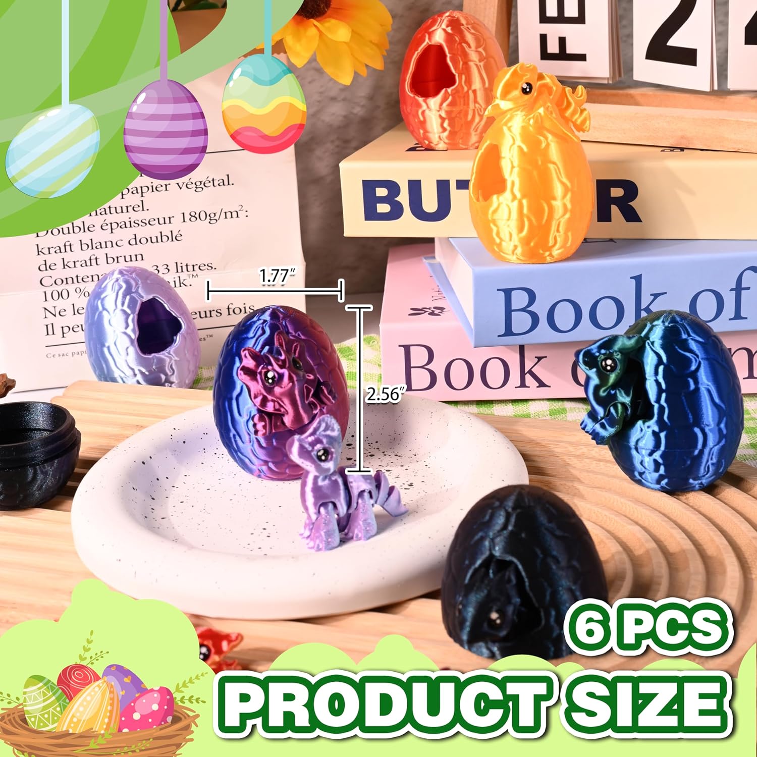 6 Pack 3D Printed Hatching Dinosaur Eggs with Cute Dino Animals Inside, Breakable Egg Toy Set, Articulated Dragon & Animal Fidget Toys, Easter Basket Stuffers, Party Favors, Gifts for Kids