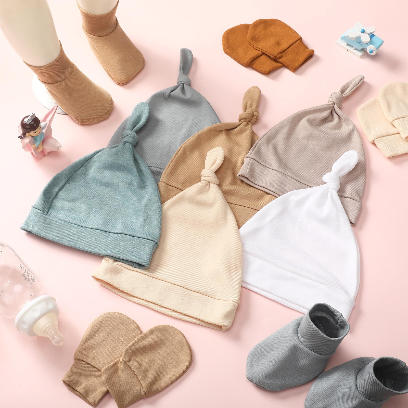 Toulite - Juego de 10 manoplas y calcetines unisex con nudo suave para recién nacido, calcetines de tobillo para niños y niñas, bebés, 0-6 meses