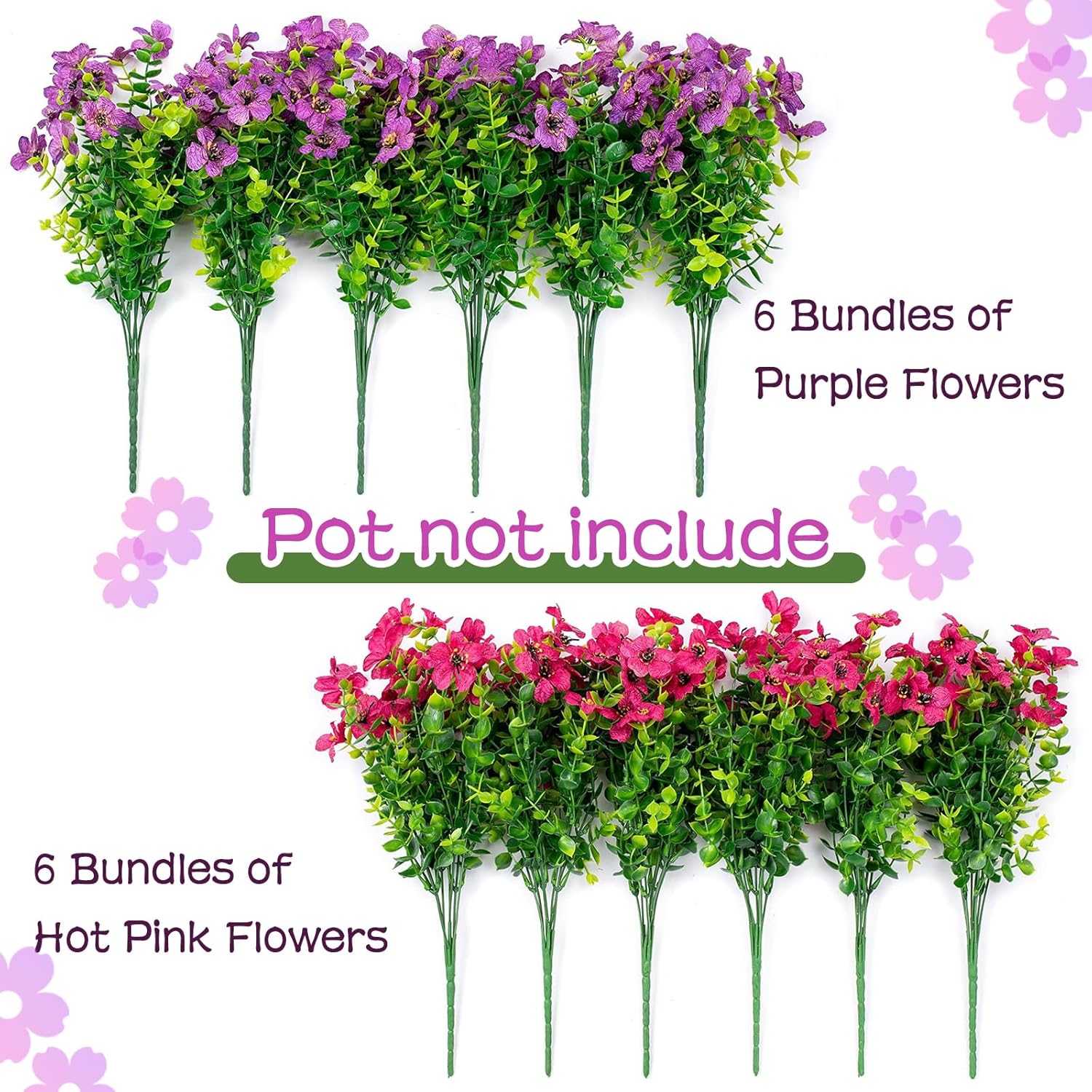 QUNPON Artificial Flowers for Outdoors,Faux Flowers Daisy with Eucalyptus Leaves for Indoor Garden Home Decoration,UV Resistant Artificial Flower Fake Plants for Porch Patio, 12 Bundles (Purple Pink)